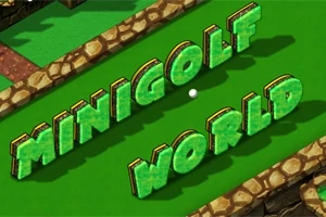 Tekst 3D i gjelbër me shkronja të mëdha që thotë MINIGOLF WORLD mbi një fushë golfi të vogël me mur rrethues guri