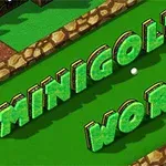 Tekst 3D i gjelbër me shkronja të mëdha që thotë MINIGOLF WORLD mbi një fushë golfi të vogël me mur rrethues guri