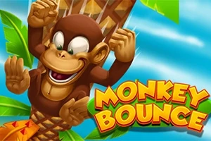 Majmuni i lumtur që hidhet midis palmave me qiellin blu në sfond dhe tekstin MONKEY BOUNCE me shkronja të verdha