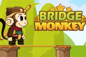 Majmun i vogël me veshje aventuriere qëndron mbi një urë druri përpara tekstit Bridge Monkey në sfond të gjelbër
