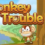 Një majmun i vizatuar me një sfond tropikal dhe me tekstin Monkey in Trouble