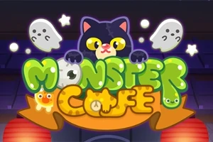 Një kafshë shtëpiake e zezë me sy të mëdhenj midis fantazmave dhe yjeve mbi titullin Monster Cafe i zbukuruar me figura vizatimore
