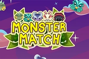 Një dizajn me karaktere të vogla përbindësh në krye të tekstit MONSTER MATCH me sfond me yje dhe re