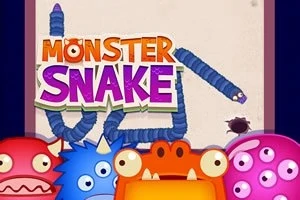 Katër krijesa shumëngjyrëshe dhe titulli Monster Snake në qendër të imazhit me një gjarpër blu në sfond