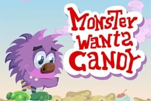 Një përbindësh me qime vjollcë dhe sy të mëdhenj qëndron pranë mbishkrimit Monster Wants Candy në një sfond të çelët