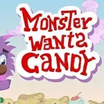 Një përbindësh me qime vjollcë dhe sy të mëdhenj qëndron pranë mbishkrimit Monster Wants Candy në një sfond të çelët