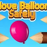 Balon rozhë në qendër rrethuar nga katër shigjeta druri në sfond blu, me tekstin Move Balloon Safely lart