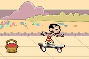 Një person me rroba plazhi duke ngarë një skateboard pranë një shporte në një ambient të ngjyrosur