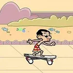 Një person me rroba plazhi duke ngarë një skateboard pranë një shporte në një ambient të ngjyrosur