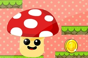 Kërpudhë me kapelë të kuqe me pika të bardha dhe sy të mëdhenj pranë një monedhe të artë mbi një sfond rozë me platforma