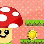 Kërpudhë me kapelë të kuqe me pika të bardha dhe sy të mëdhenj pranë një monedhe të artë mbi një sfond rozë me platforma