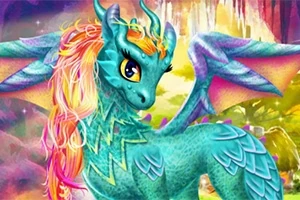 Dragua shumëngjyrësh me krahë ngjyrë vjollcë dhe flokë të gjata në një peizazh fantastik