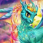 Dragua shumëngjyrësh me krahë ngjyrë vjollcë dhe flokë të gjata në një peizazh fantastik