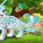 Tigër i vogël me krahë dhe brirë blu qëndron në një livadh të gjelbër me sfond pylli të ngjyrosur