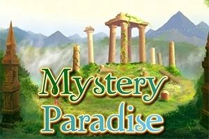 Një peizazh i gjelbër me rërë, malet në sfond dhe kolonat antike, me tekstin Mystery Paradise në pjesën e përparme