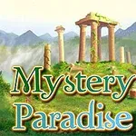 Një peizazh i gjelbër me rërë, malet në sfond dhe kolonat antike, me tekstin Mystery Paradise në pjesën e përparme
