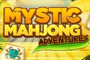 Teksti Mystic Mahjong Adventures me një sfond të verdhë dhe një detaj grafik të një gjetheje dhe një guri me simbol gaforre