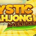Teksti Mystic Mahjong Adventures me një sfond të verdhë dhe një detaj grafik të një gjetheje dhe një guri me simbol gaforre