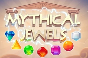 Një ilustrim me shkronja të mëdha që lexojnë MYTHICAL JEWELS, me gurë të çmuar me forma dhe ngjyra të ndryshme poshtë, dhe një tempull në sfond
