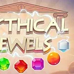 Një ilustrim me shkronja të mëdha që lexojnë MYTHICAL JEWELS, me gurë të çmuar me forma dhe ngjyra të ndryshme poshtë, dhe një tempull në sfond
