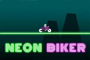 Motoçiklist me ngjyrë rozë në një pistë neon, me sfond të errët dhe tekstin NEON BIKER në ngjyra të gjalla