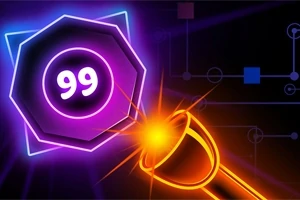 Një grafikë me ngjyra neon që paraqet një objekt me numrin 99 dhe një rreze drite të ndritshme që përplaset mbi të