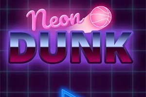 Tekst me ngjyra neon në një sfond me rrjetë blu, që përmban fjalët Neon Dunk dhe një top basketbolli në ngjyrë rozë