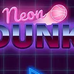 Tekst me ngjyra neon në një sfond me rrjetë blu, që përmban fjalët Neon Dunk dhe një top basketbolli në ngjyrë rozë