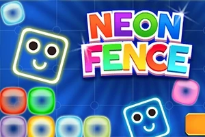 Blloqe me ngjyra të ndezura dhe fytyra të buzëqeshura në sfond blu me tekst të madh NEON FENCE