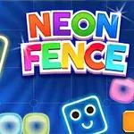Blloqe me ngjyra të ndezura dhe fytyra të buzëqeshura në sfond blu me tekst të madh NEON FENCE