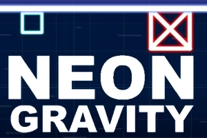 Tekst neoni NEON GRAVITY me dy forma gjeometrike, një katror i kaltër dhe një katror i kuq me x në mes, mbi një sfond të errët