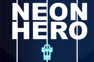 Teksti i bardhë NEON HERO mbi sfond blu të errët me një figurë robotike neon ngjyrë blu