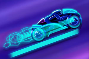 Një motorr futuristik me një dizajn neon blu që ecën mbi një rrugë të ndriçuar, me një sfond të ngjyrave të kaltra dhe të purpurta