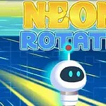 Robot i vogël futuristik me një sfond grafik neon dhe tekstin Neon Rotate