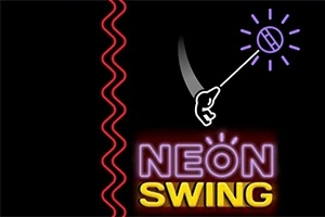 Një imazh me një dritë neoni, një dorë që lëkund një top me dritë dhe tekstin NEON SWING në ngjyra neon në sfond të zi