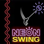 Një imazh me një dritë neoni, një dorë që lëkund një top me dritë dhe tekstin NEON SWING në ngjyra neon në sfond të zi