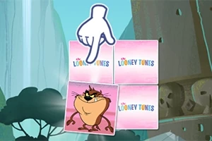 Një sfond me mure shkëmbore dhe pemë që përmban katrorë me logon Looney Tunes dhe një katror me një personazh vizatimor në qendër, me një dorë që tregon drejt tij