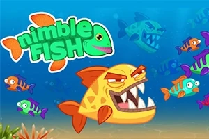 Një peshk i verdhë me dhëmbë të mprehtë në ujë, i rrethuar nga peshq shumëngjyrësh në një sfond blu