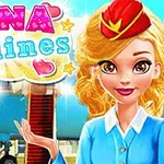 Një vajzë me uniformë stjuardese qëndron pranë një avioni blu me tekstin Nina Airlines lart