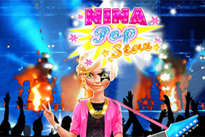 Një vajzë e veshur me stil pop yll qëndron në skenë me drita dhe turmë në sfond, dhe mbishkrimi Nina Pop Star është i dukshëm