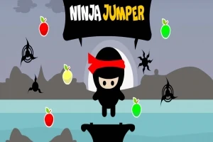 Ninja me shirit të kuq qëndron mbi një platformë me frutat shumëngjyrëshe dhe figura ninja në sfond gri