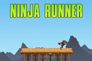 Një ninja me një mantel të kuq vrapon mbi një platformë prej druri, me malet në sfond dhe tekstin NINJA RUNNER lart