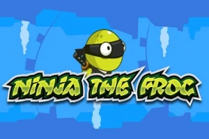 Një bretkosë e stilizuar si ninja me maskë të zezë mbi një sfond blu me tekstin Ninja The Frog