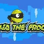 Një bretkosë e stilizuar si ninja me maskë të zezë mbi një sfond blu me tekstin Ninja The Frog