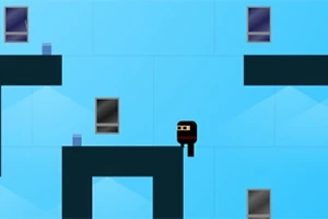 Një karakter minimalist në një ambient me platforma blu dhe dritare të errëta