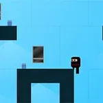 Një karakter minimalist në një ambient me platforma blu dhe dritare të errëta