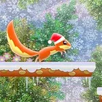 Kafshë e kuqe me kapuç Santa që ndjek një gjë e gjelbër mbi platforma të mbuluara me dëborë në një sfond pyjor