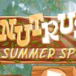 Teksti me shkronja të bardha e të verdha Nut Rush: Summer Sprint mbi një sfond me gjethe dhe dru, me një ikonë trekëndore poshtë