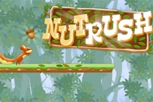 Një ketër qëndron në një platformë të gjelbër në një sfond pyjor, me tekstin Nut Rush mbi të