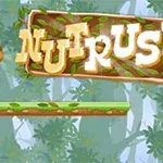 Një ketër qëndron në një platformë të gjelbër në një sfond pyjor, me tekstin Nut Rush mbi të